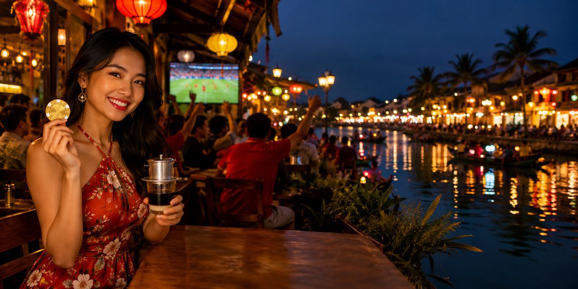 Người dùng xem phân tích kèo bóng đá và xổ số tại quán cà phê Hội An buổi tối