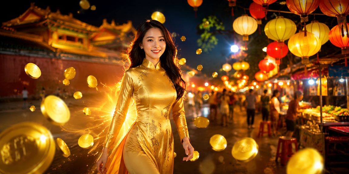 Người phụ nữ mặc áo dài tại Huế cầm tờ vé số truyền thống Việt Nam