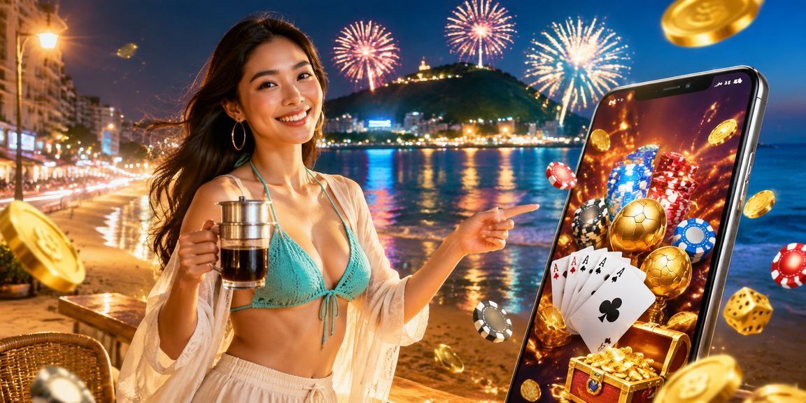 Nhóm bạn trẻ chơi bài và xem thống kê tại quán cà phê ven biển Vũng Tàu